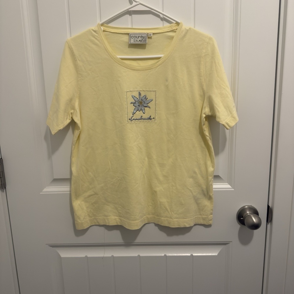 Country Blue Innsbruck Austria Edelweiss Rhinestone‎ Cotton T-Shirt Yellow Sz 36